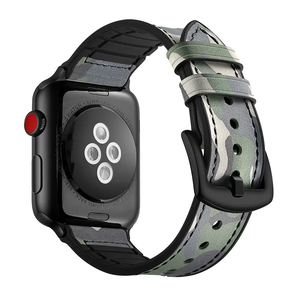 Camouflage green Ремешок для Apple watch 5 4 3 2 1 ремешок 44 мм 40 мм iwatch 42 мм 38 мм кожаный силиконовый Камуфляжный браслет аксессуары для часов - Цвет ремешка: Camouflage green