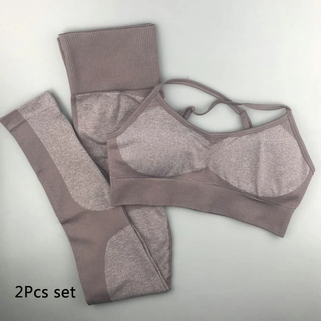 brown 2pcs set 2 шт., энергетический бесшовный Набор для йоги, одежда, леггинсы+ спортивный бюстгальтер тренировочный костюм для занятий йогой, Женский комплект для фитнеса, одежда для активного бега - Цвет: brown 2pcs set