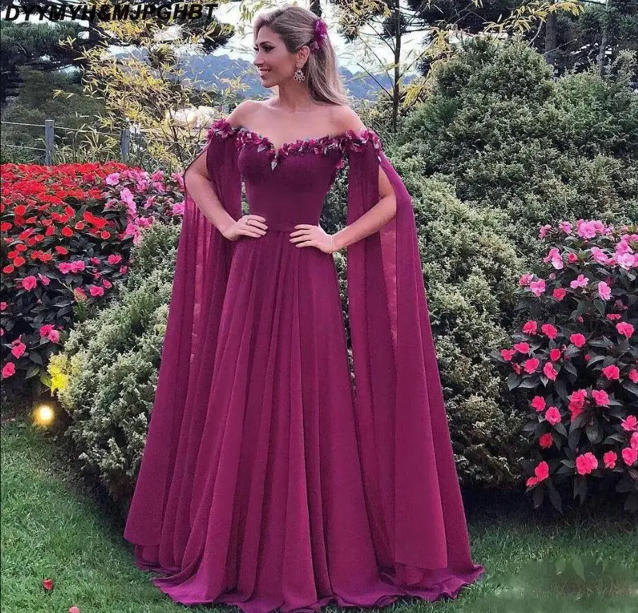 

2018 длинные платья для выпускного вечера с расклешенными длинными рукавами с открытыми плечами с аппликацией шифоновое вечернее платье Дли...