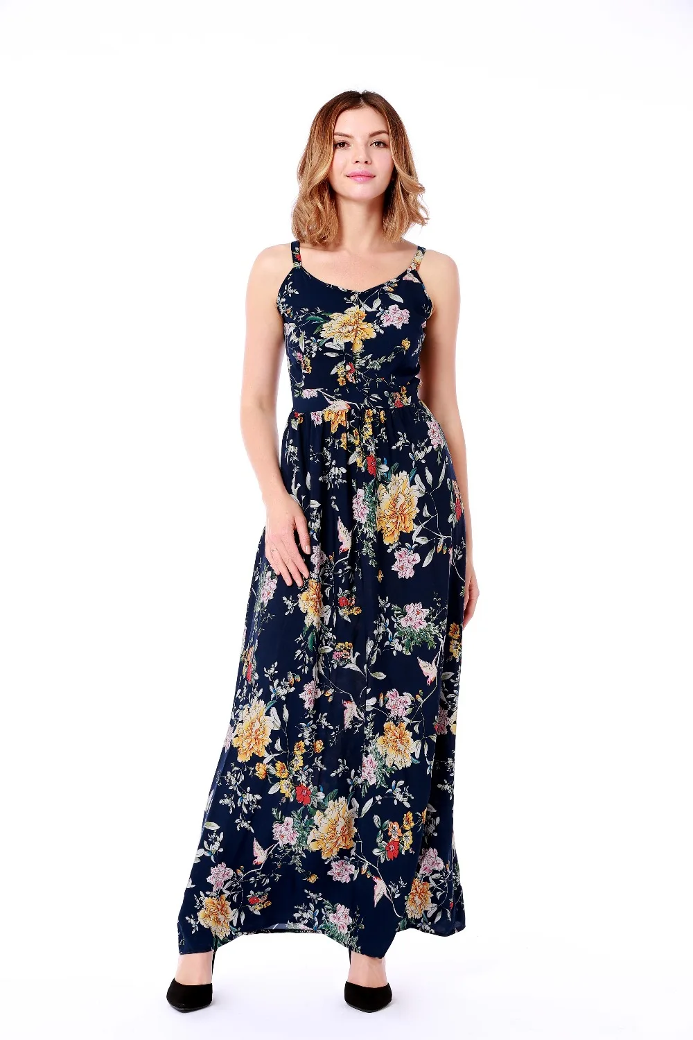 

Women Summer Casual Printing Beach Sea Holiday Slip Dresses Wlegant Slim Looking New Fashion Temperament Round-Neck Maxi Ladies