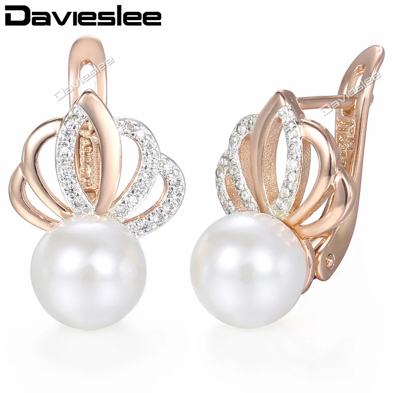 Davieslee, жемчужные серьги-гвоздики для женщин, 585, розовое золото, с короной со стразами, женские серьги-гвоздики, модные ювелирные изделия, подарок DGE150 - Окраска металла: GE150