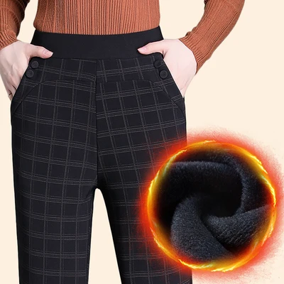 Black square thick Брюки для женщин среднего и старшего возраста, Модные осенние зимние свободные женские брюки с эластичной резинкой на талии, теплые толстые повседневные брюки большого размера 5XL - Цвет: Black square thick