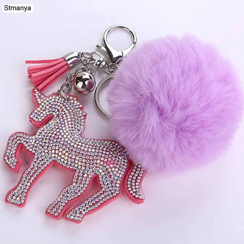 

Rhinestones Animal Horse Keychain Faux Fur Pompom Pendants Car Key Holder Lovely Bag Charms Accessories Best Gift jewelry K1629