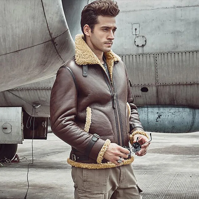 Мужская куртка s Aviator B3 из овчины, мотоциклетная куртка, повседневное пальто для путешествий, зимняя кожаная куртка коричневого цвета для мужчин