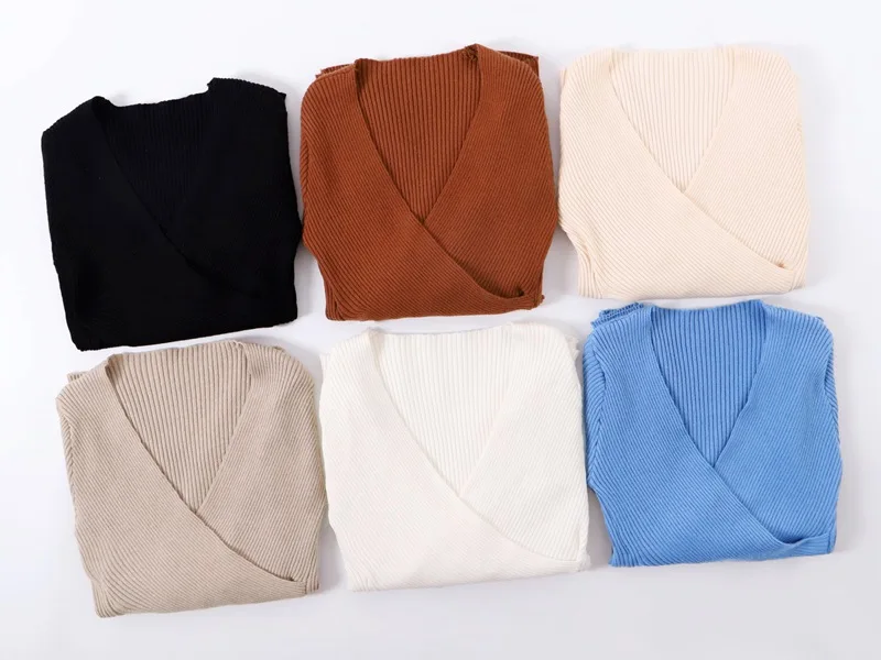 ONLYSVTER Sexy V Neck Wrap Women Pullover Sweaters Autumn Winter Long Sleeve Soft Casual Jumper Ribbed Knitted Pull Top Femme