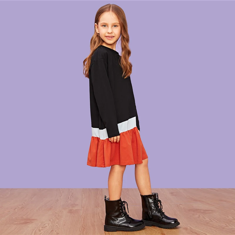 SHEIN/детское праздничное платье с цветными блоками и вышивкой для девочек; коллекция года; сезон весна; повседневные Детские платья средней длины с длинными рукавами; Одежда для девочек