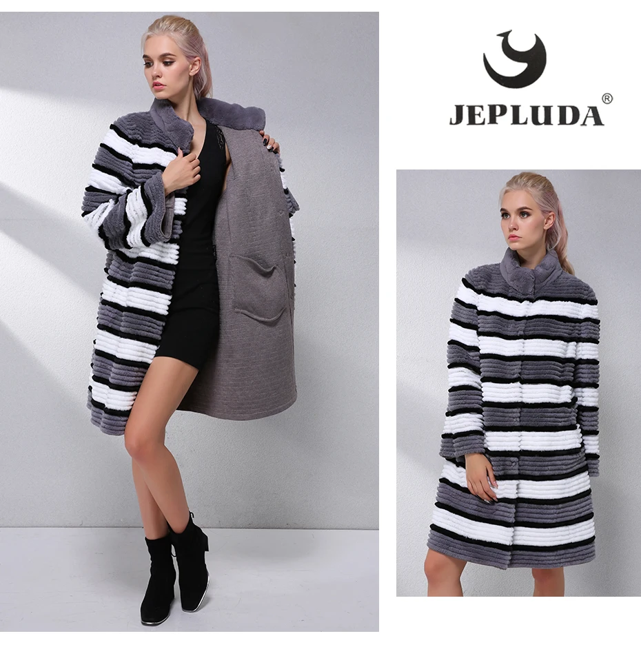 JEPLUDA Осень-Зима Шуба Женская Натуральный Мех меховые женские шубы Из Натуральный Мех Кролики Рекс Женское Пальто Меховой Куртки Женские Зимние Вязаная Шуба Кролика