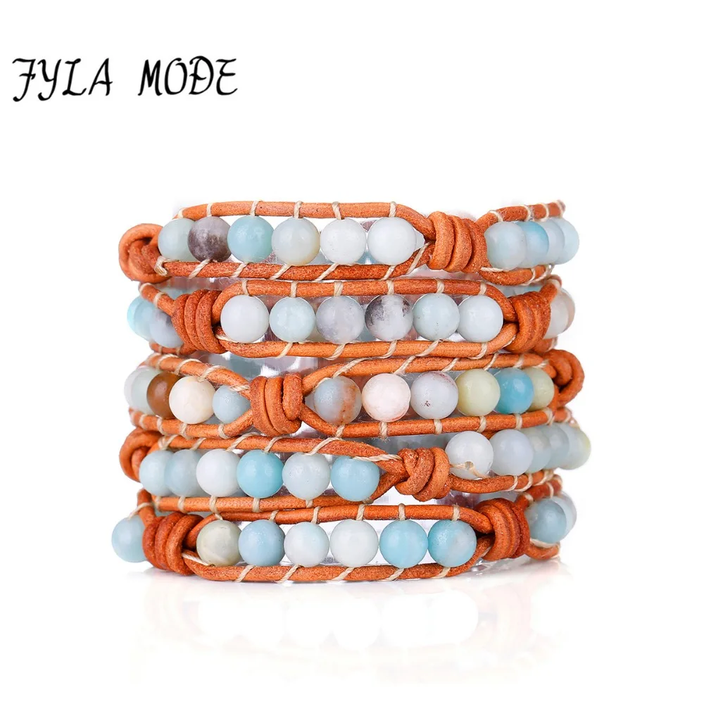 

Fyla Mode Classic Bracelet Amazonite Bead Leather Knotted Bracelets Handmade Bohemia Leather Bracelet Birthday Gift Jewelry