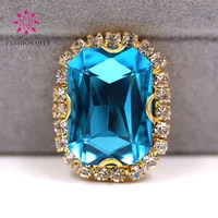 gold base rectangular octagonal shape lake blue sew on rhinestones glass crystal button diy wedding dressclothing accessories