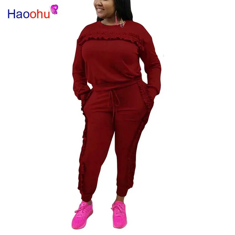 Красный HAOOHU/женский комплект 2 шт.; коллекция года; сезон осень-зима; спортивный костюм с длинными рукавами; топ с оборками+ брюки; спортивные костюмы; повседневные спортивные костюмы; комплект из двух предметов - Цвет: Красный