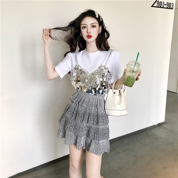 Футболка женская с блестящими блестками свободная многослойная юбка коротким