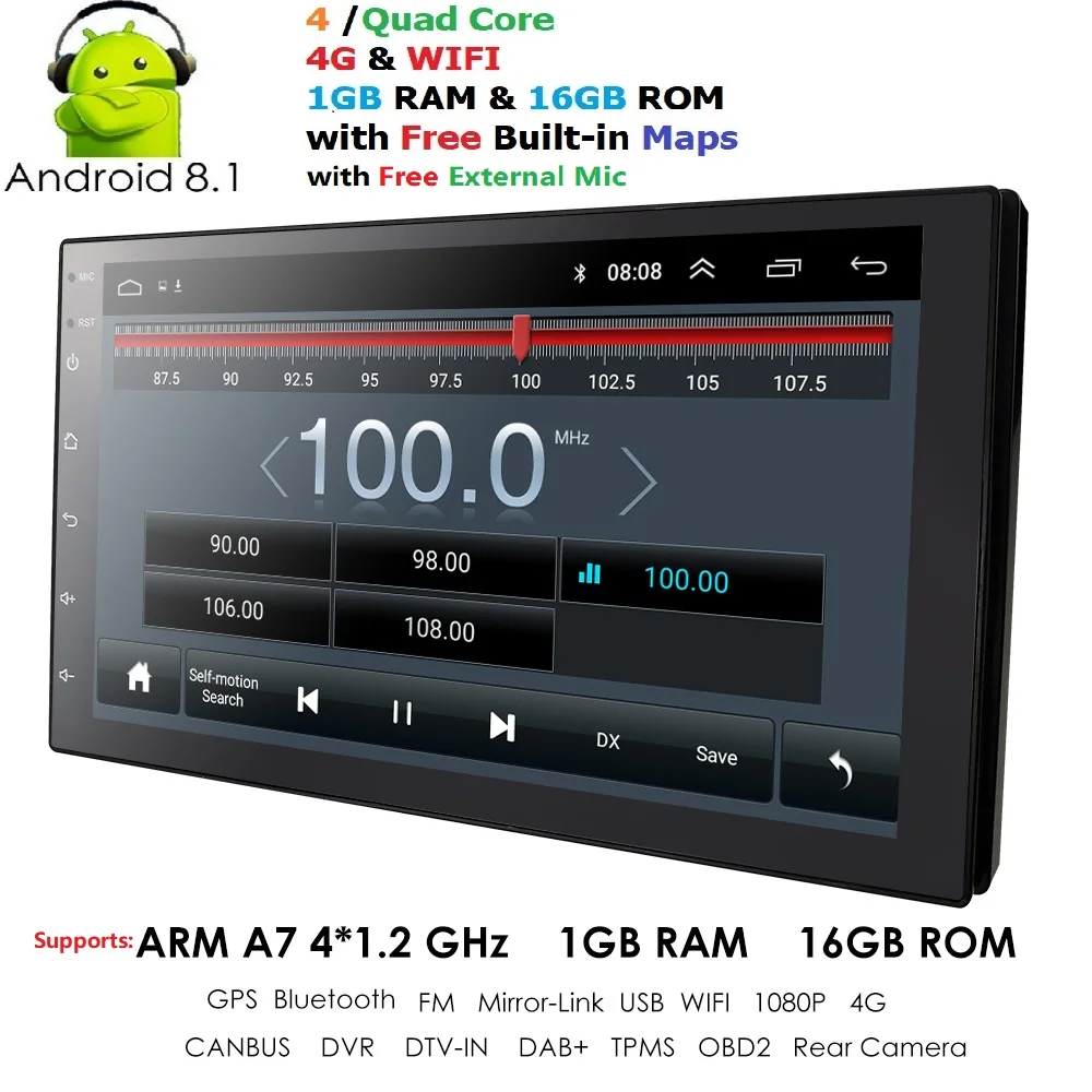 2 Din 7 ''четырехъядерный Универсальный Android 8,1 1 ГБ ram автомобильный радиоприемник стерео gps навигация WiFi 1024*600 сенсорный экран 2din автомобильный ПК obd dab