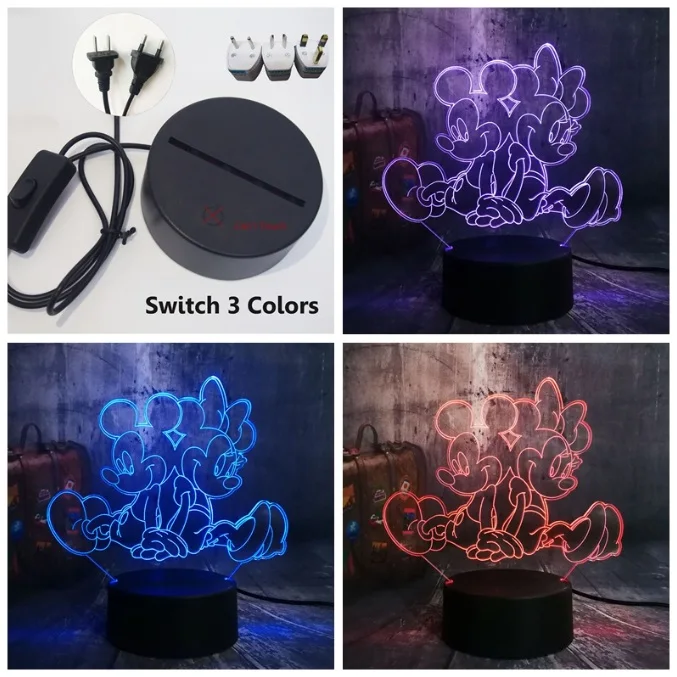 3D с героем мультика Минни Мышь светодиодный RGB светодиодный Ночной светильник 7 цветов изменить стол USB лампа для детей Детский Рождественский подарок новинка домашний декор - Испускаемый цвет: Switch One 3 Color