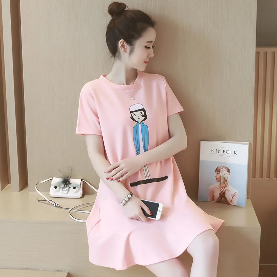 pink black Women Soft Casual New Summer Print Lady Figure Cartoon O-collar Korean Maternity Dress Pregnant woman Clothing |