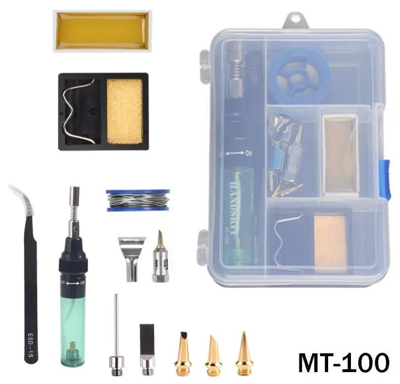 MT-100 Box MT-100 бутановый Газовый паяльник, ручка, беспроводной фонарь, Электрический паяльник+ 5 шт. наконечников, Насадка+ Пинцет+ канифоль, бутановый пистолет - Цвет: MT-100 Box