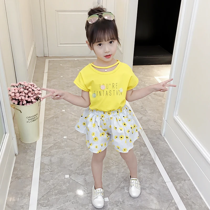 Топы принцессы Короткие комплект из 2 частей для девочек костюм 2018 Новый Летний О