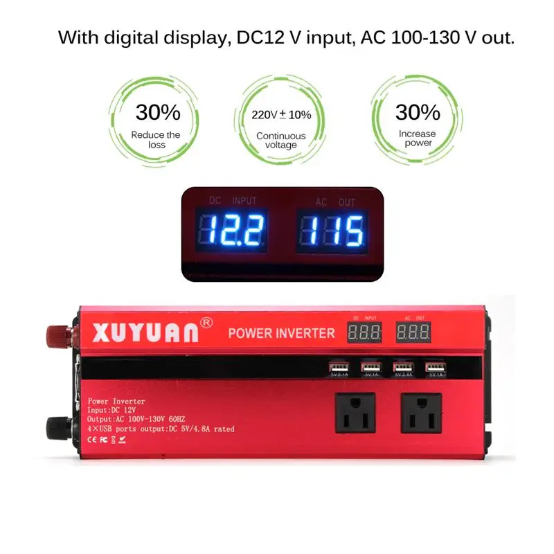 

Solar Power Inverter 5000W Sine Wave Car Inverter DC-AC 12V/24V 220V Converter 4 USB Output Port Dual LED Display
