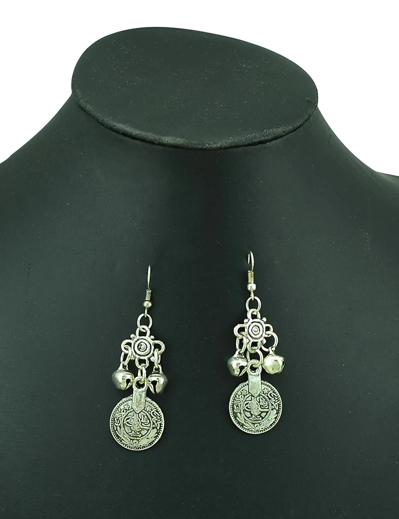 Афганский окисленное серебро Монета этнические сережки в виде капелек Jhumka Индийский Большой длинной кисточкой серьги для Для женщин Винтаж Египет ювелирные украшения в этническом стиле