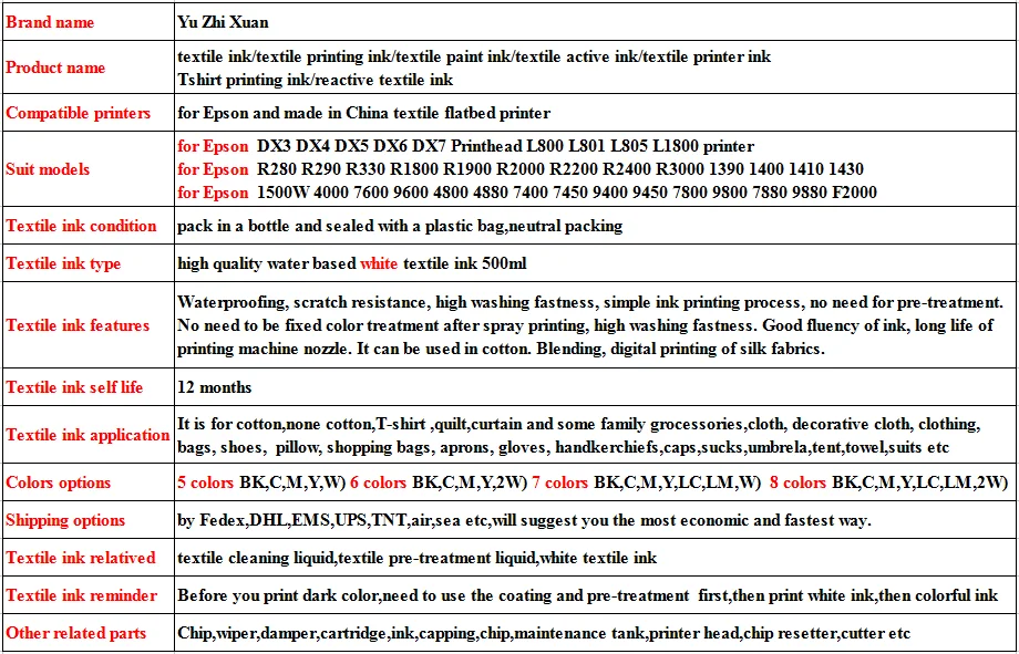 500 мл белые текстильные чернила для Epson R280 R290 R330 R1800 R1900 R2000 R2400 R3000 1390 1400 1410 1430