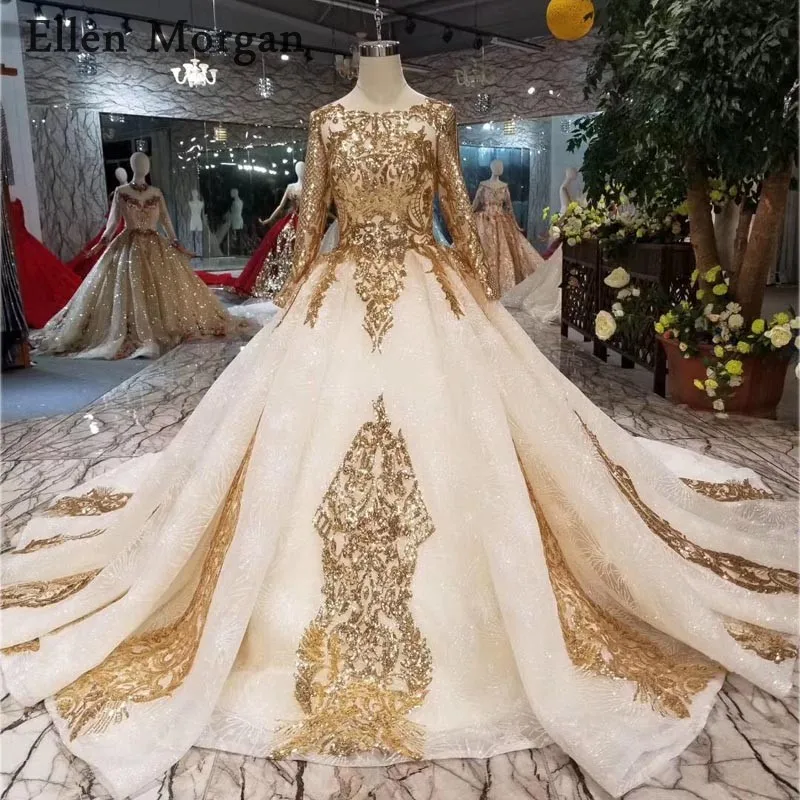 Color as Picture Элегантные Свадебные платья с длинными рукавами и золотым кружевом, пышные платья с вырезом лодочкой и часовым шлейфом, роскошные винтажные свадебные платья принцессы - Цвет: Color as Picture