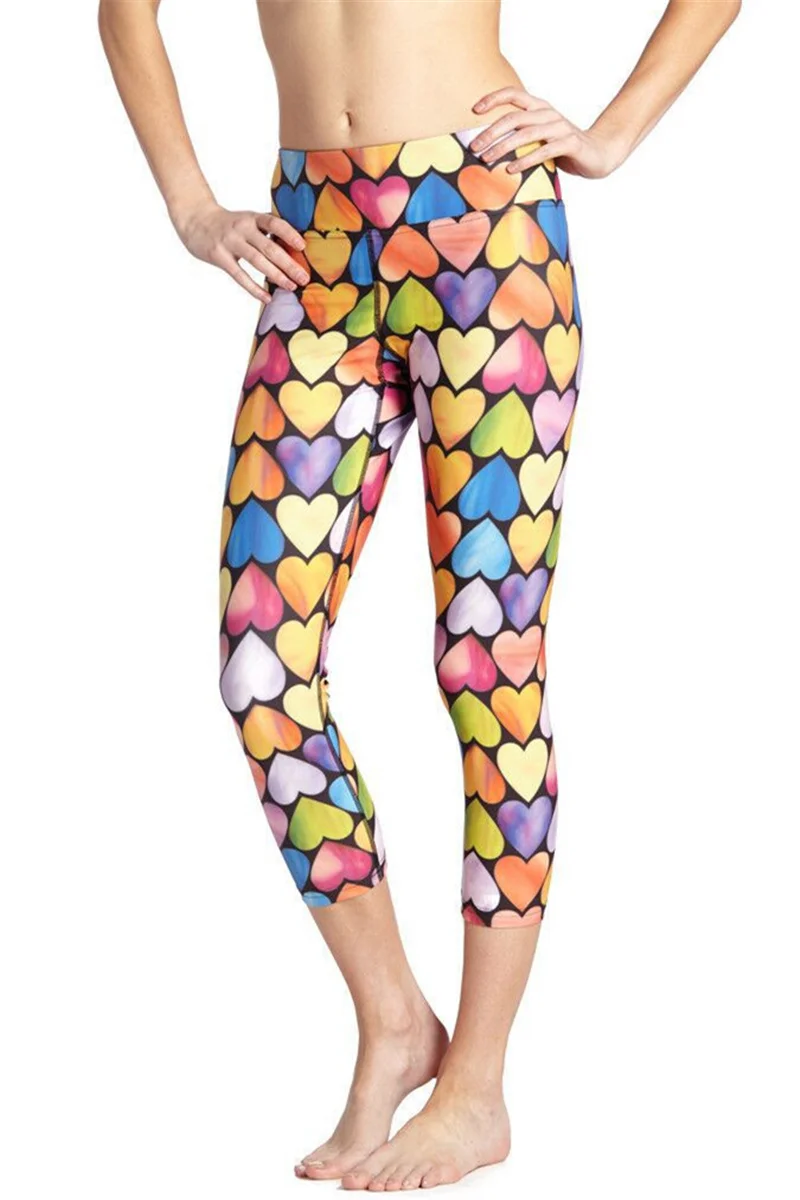 

Women Colorful Hearts Print Fitness Quick Dry Exercise Leggings High Waist Mid Calf Energy Pants Trousers Ropa Mujer