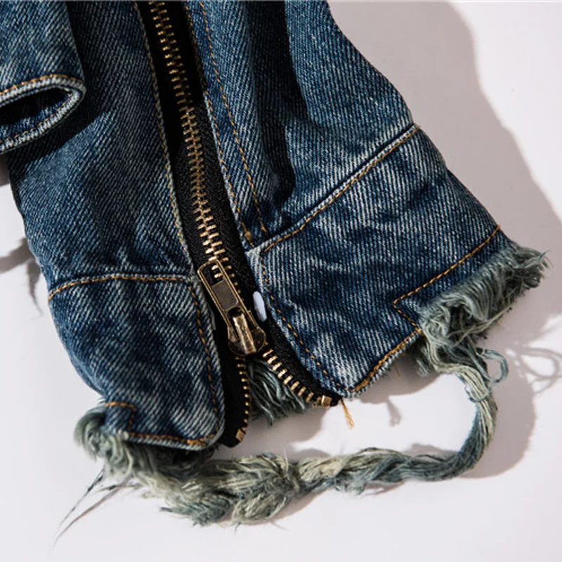 Мужская джинсовая куртка на молнии с потертостями в стиле панк винтажная