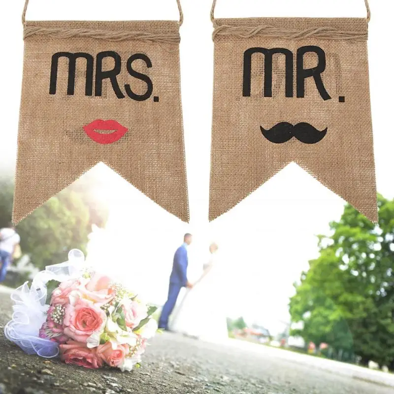 Mr. Mrs стул с джутовым баннером набор жениха невесты знак деревенское свадебное