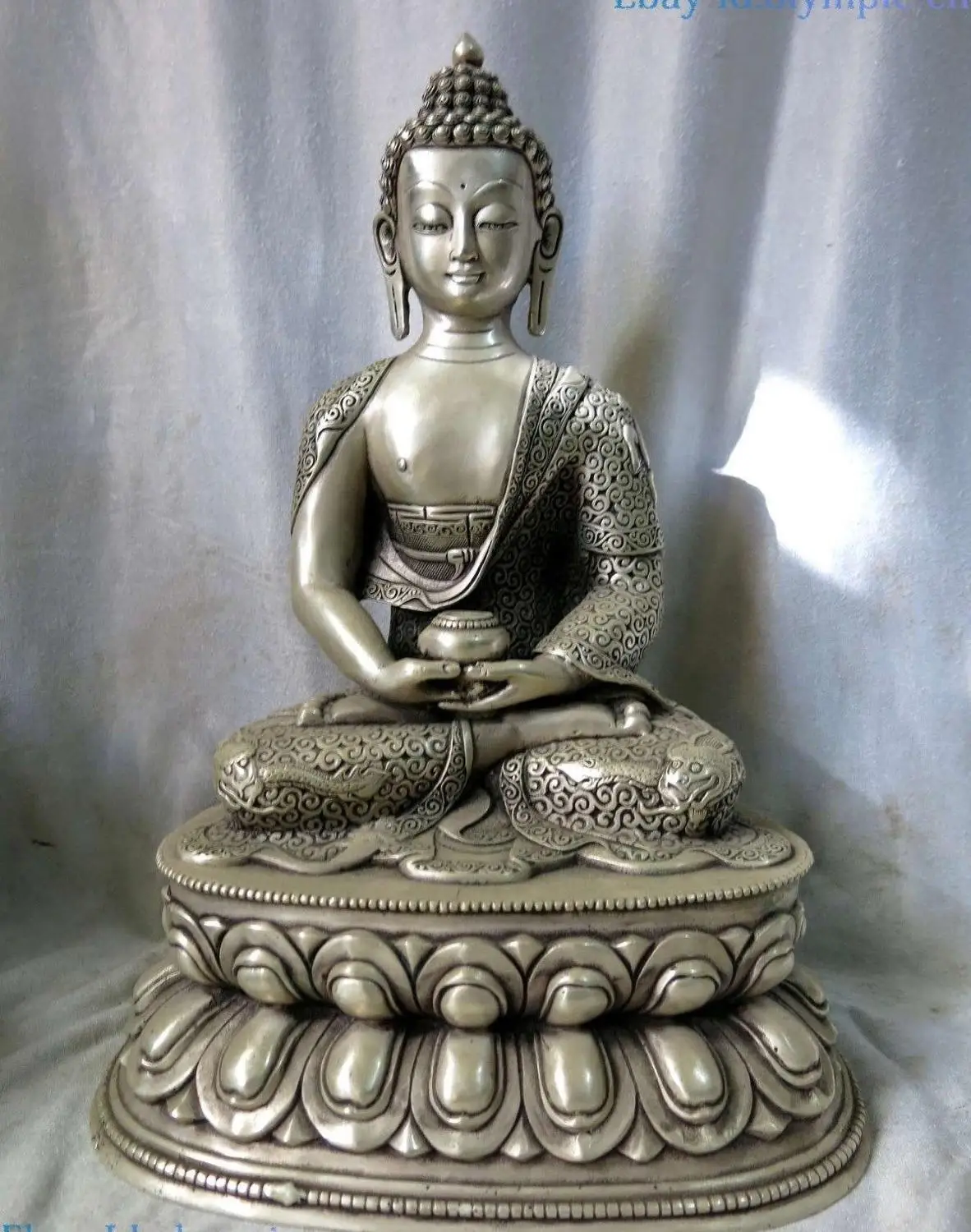 

14" China silver carved dragon sculpture five Buddhism Medicine Buddha Statue