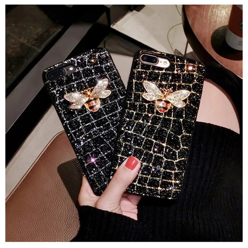 Роскошный кожаный диаманта Bling 3D металла пчелы жемчужина Чехлы для iPhone 7 P 6 8 X ТПУ