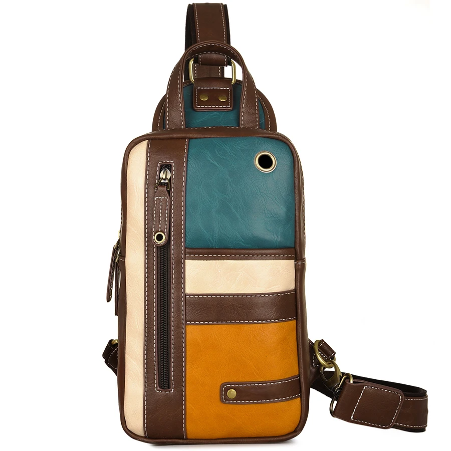

JackKevin 2019 Men's Fashion Crossbody Bag Retro rivet Zipper Open Leather Chest Bags Men Shoulder Bags Chest Waist Pack