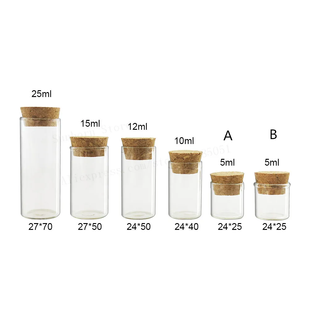 

50pcs mini clear glass vial tube with cork stopper empty wishing glass bottle for test gift present 5ml 7ml 10ml 12ml 15ml 25ml