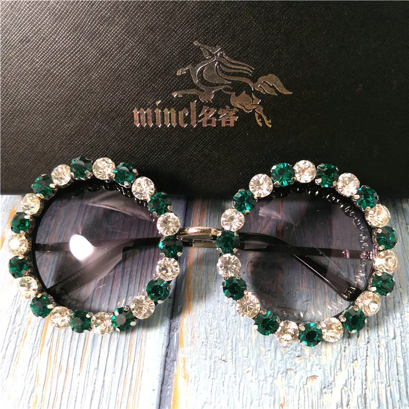 green Round Sunglasses for Women 2019 Luxury Brand Designer Rhinestone Sun Glasses Diamond Gradient Shade UV400 FML | Аксессуары для