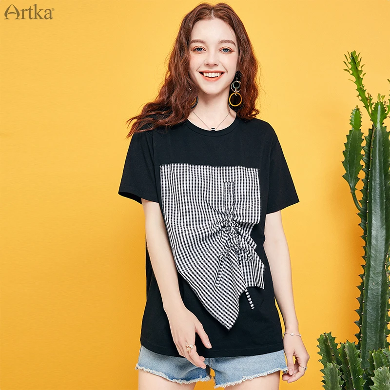 ARTKA, летняя женская футболка, повседневная, модная, в клетку, с завязками, с круглым вырезом, с коротким рукавом, черная футболка для женщин, TA15293X