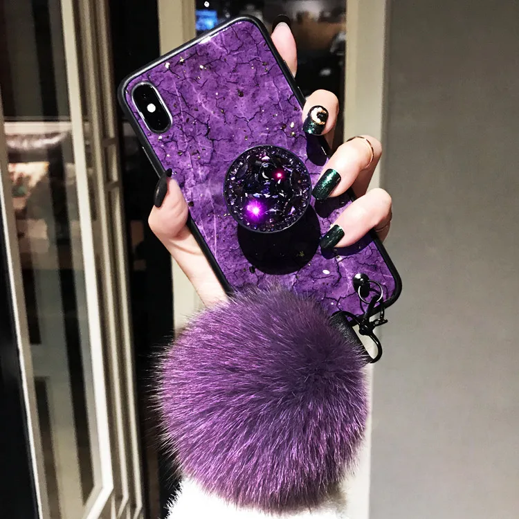 Мраморный Гладкий Hairball ручной ремешок держатель блестящий золотой фольги теплый роскошный женский чехол для iPhone Xs Max XR 6 7 8 Plus