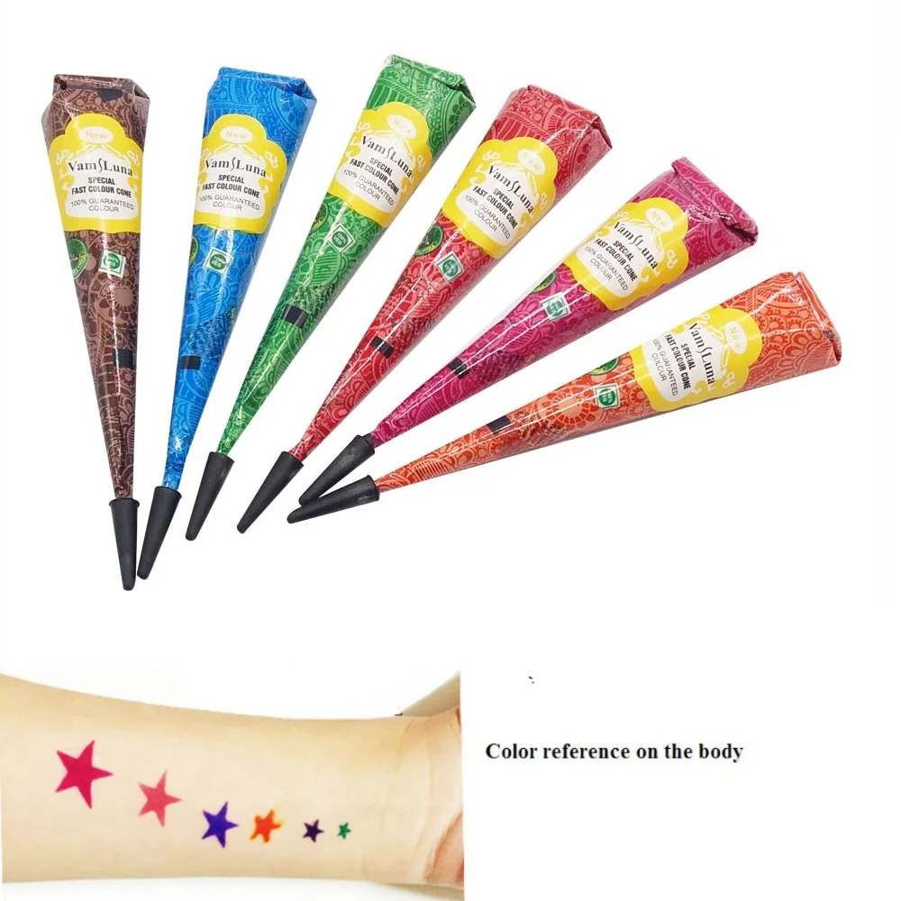6X красочные хны конус временные безболезненные индийские татуировки боди арт