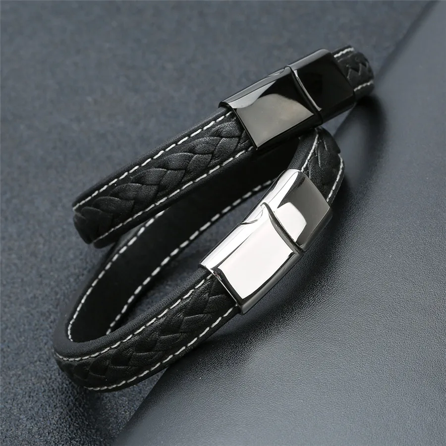Ckysee Vintage Leather Braided Wristband Bracelet For Men Punk Black Silver Color Stainless Steel Magnetic Clasps Gifts | Украшения и