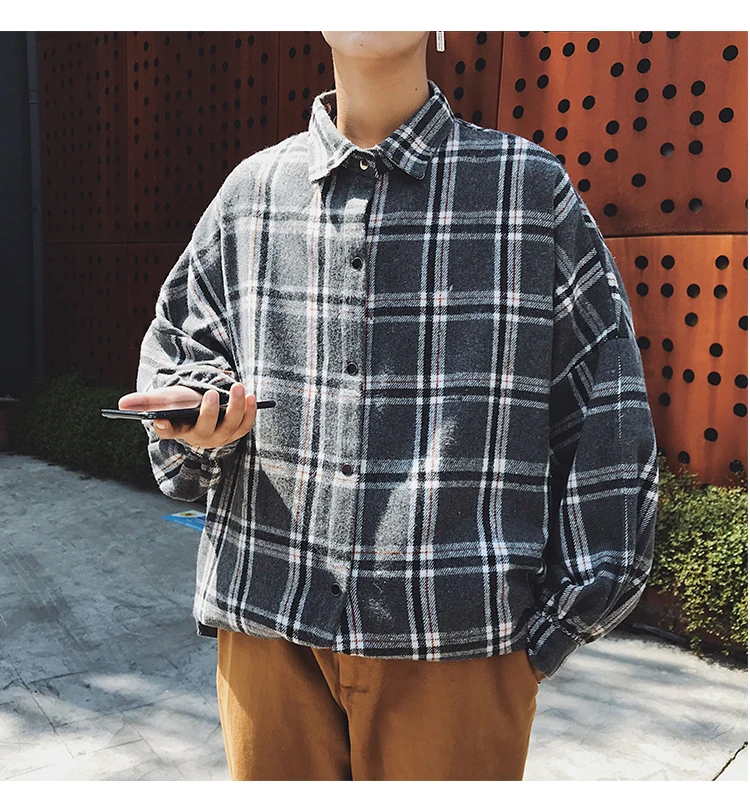 

Men Harajuku Color Block Plaid Shirt 2020 Mens Streetwear Thick Shirts Long Sleeve Male Vintage Korean Fashions Clothes