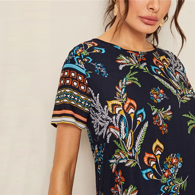 SHEIN летнее женское платье-туника с разноцветным принтом и замочной скважиной на спине,, короткий рукав, круглый вырез, бохо платье, прямое свободное мини-платье