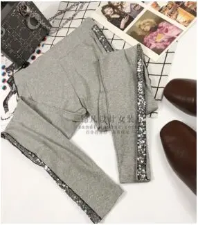 grey silver Сезон весна-лето; узкие брюки для женщин; Модные полосатые хлопковые брюки с блестками по бокам для девочек; новые осенние серые Стрейчевые брюки для женщин - Цвет: grey silver