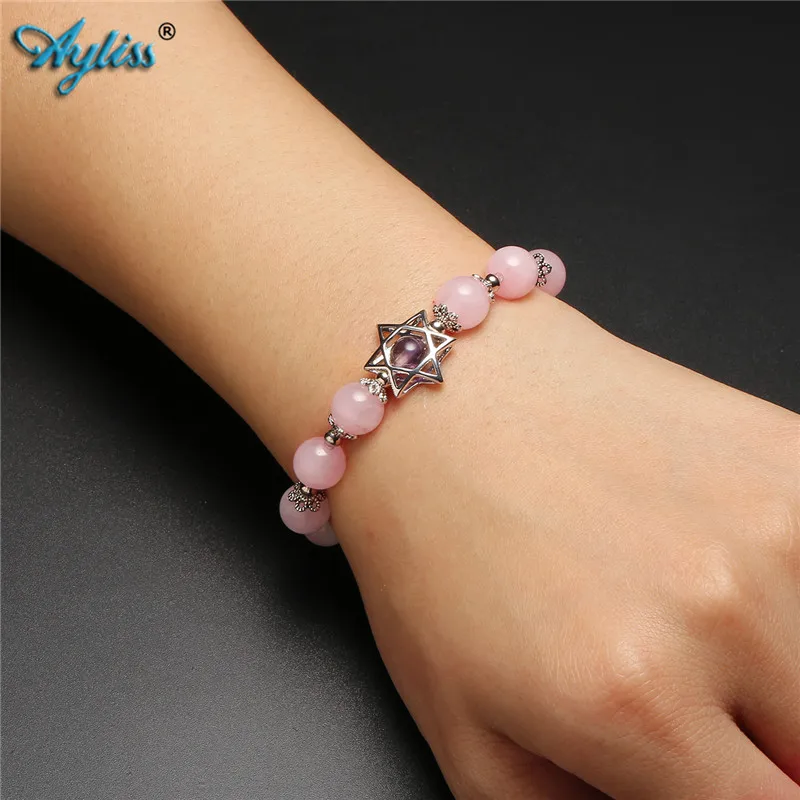 Ayliss Natural Stone Bracelets Hollow Six-pointed Star Elastic Bracelet Gem Purple Pink Stretch Jewelry 6.5&quotinch | Украшения и