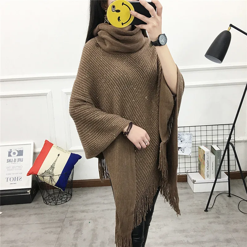 2019 women autumn winter thick sequins high collar tassel large size loose warm cloak shawl fashion sweater | Женская одежда
