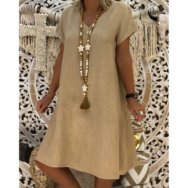 01 khaki Fanbty, женское винтажное льняное платье,, летнее платье-рубашка, короткий рукав, одноцветное, повседневное, свободное, вечерние, Пляжное Платье, Vestidos размера плюс - Цвет: 01 khaki