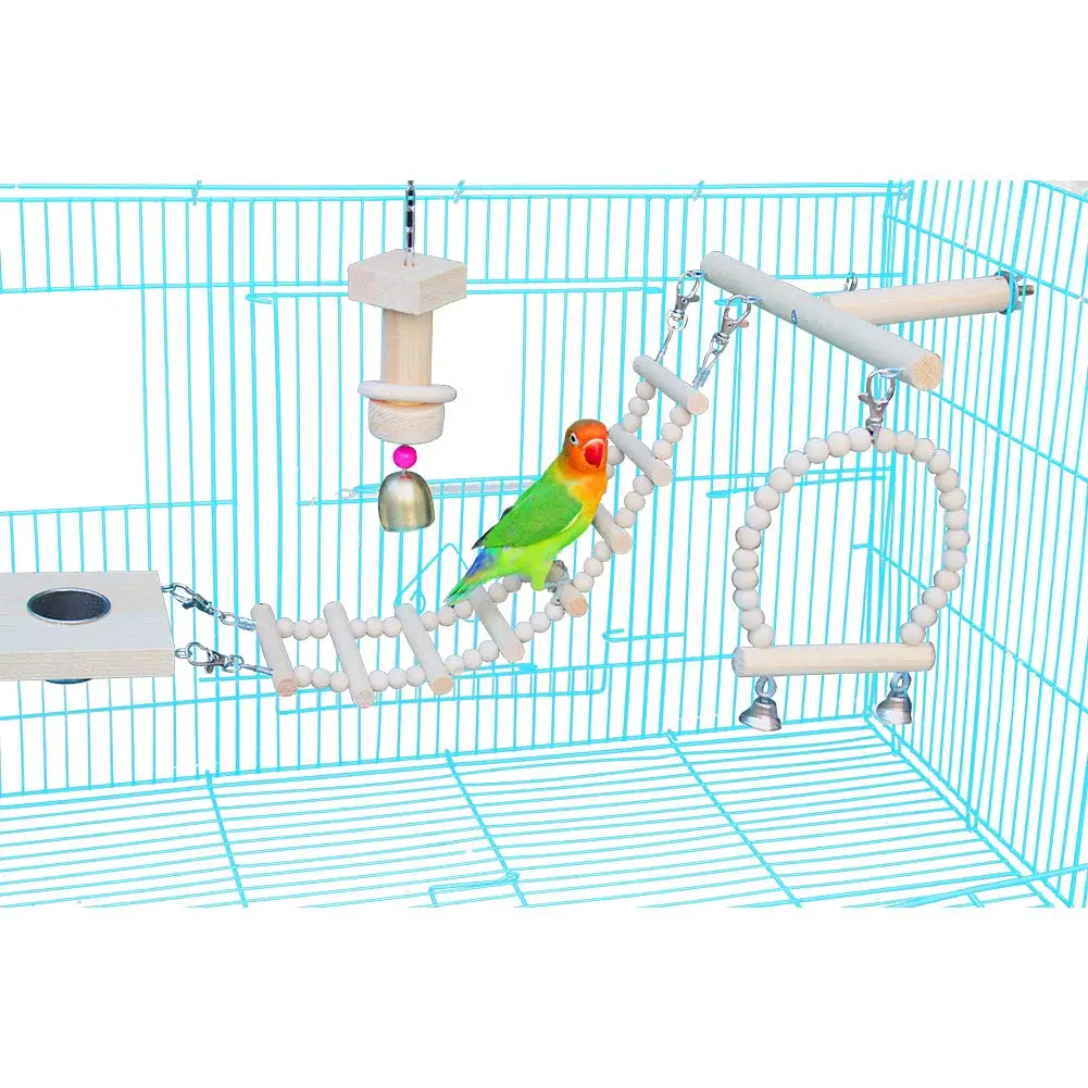 

Bird Cage Swing Ladder T Play Stands Toys Hanging Parrot Perches Platform with Bird Feeder Chewing Wooden Block Bell Beads Toys