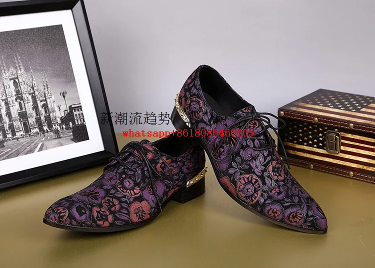 Men leather shoes nubuck purple spiked loafers dress wedding mens pointy velvet slippers flower printing oxford flats | Обувь