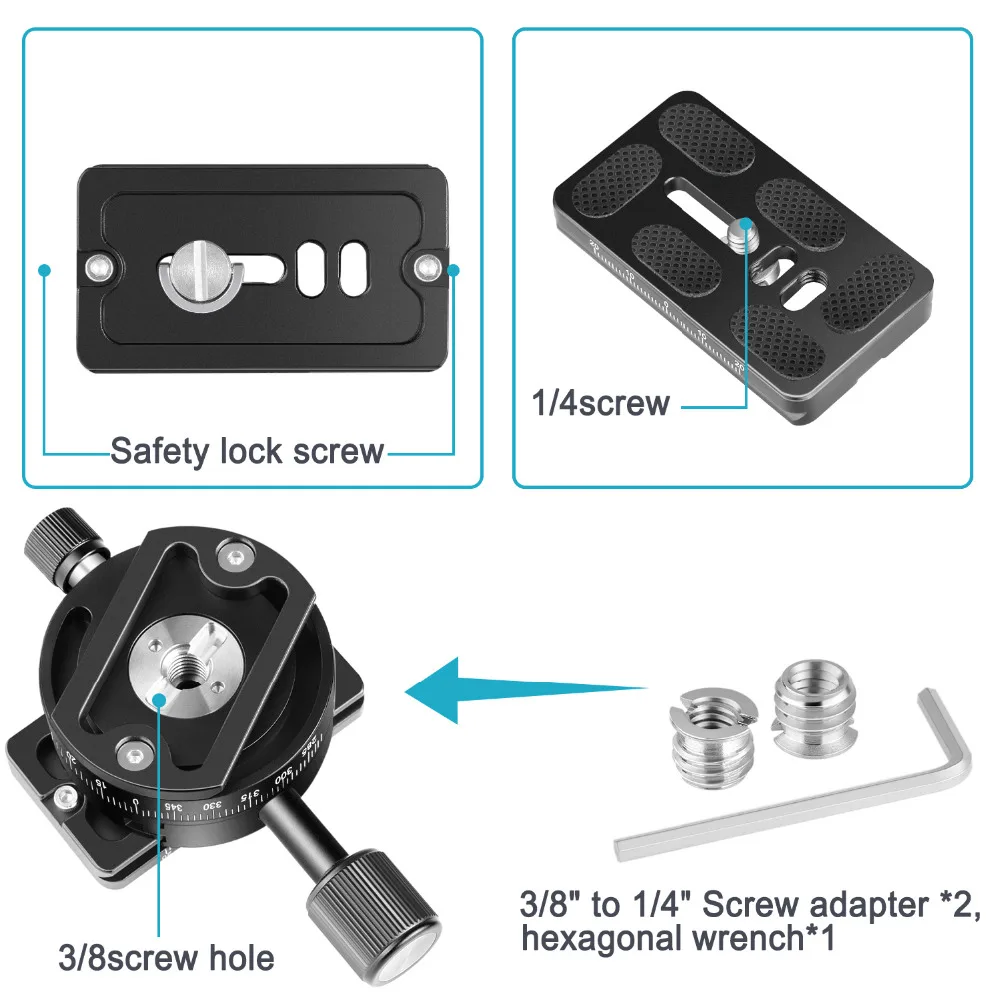

Neewer Panoramic Tripod Head, 360 Degree Bottom Rotation Aluminum Alloy Pan Head with Panorama Scale and QR Plate, Bubble Level
