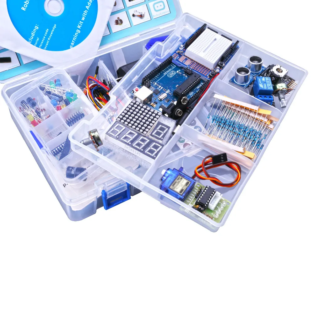 

Ultimate Starter Kit for Arduino including Ultrasonic Sensor, UNO R3, LCD1602 Screen with UNO Nano with Plastic Box