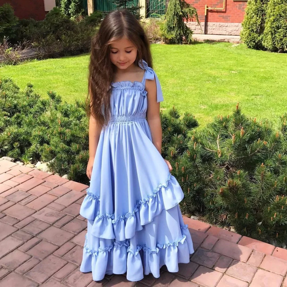 Kid Girls Clothes Ruffled Sleeveless Suspender Dresses Solid Blue Casual Tunic Children Dress | Детская одежда и обувь