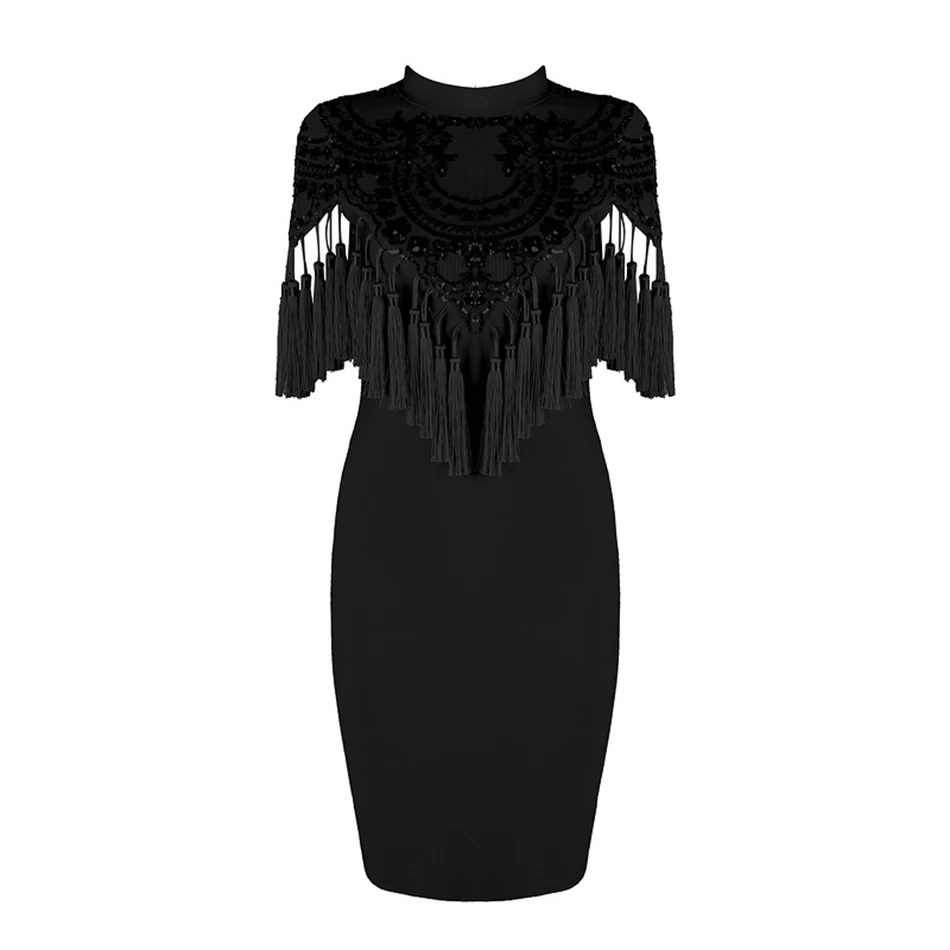 2018 Winter new women dress long sleeve o neck bandage sexy bodycon tassel chic celebrity party dresses vestidos wholesale | Женская
