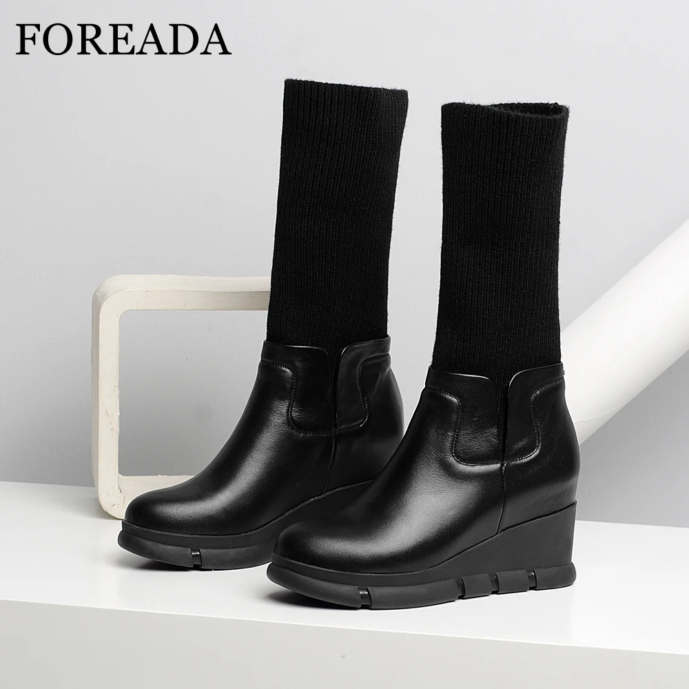 Женские ботинки из натуральной кожи на танкетке до середины икры | Обувь