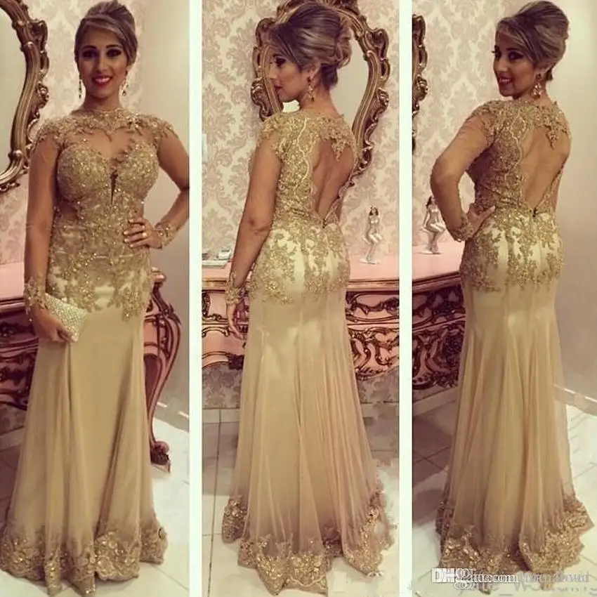 Золото кружево Аппликация vestido de madrinha Иллюзия рукавом в стиле Русалочки без спины Формальное вечернее платье farsali мать невесты платья для женщин - Цвет: Picture color